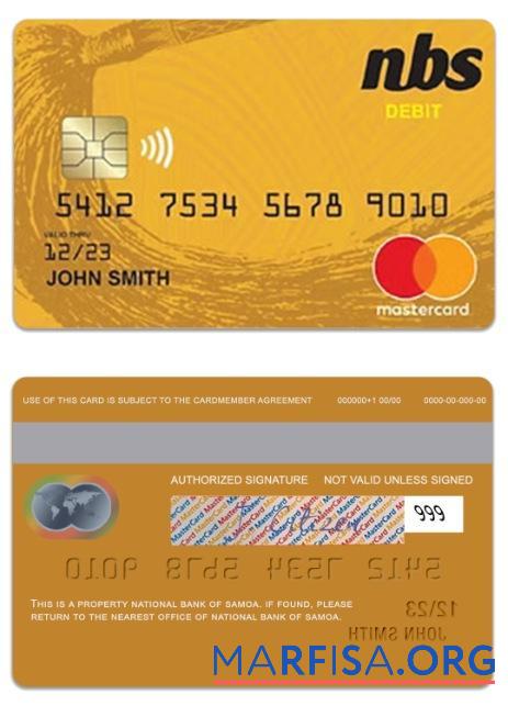 Blank Samoa National Bank of Samoa debit mastercard template